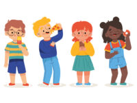 ілюстрація дітей, які їдять різні солодощі та фастфуд, піцу, пончики, морозиво