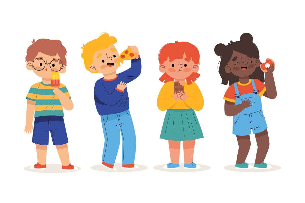 ілюстрація дітей, які їдять різні солодощі та фастфуд, піцу, пончики, морозиво
