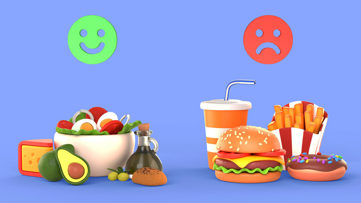 ілюстрація поживної, корисної їжі, як-то овочі, якця, зелень, та жирної, шкідливої, як-то бургер, картопля, газовані напої