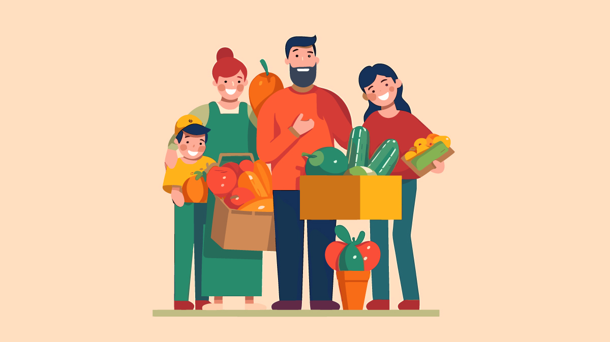ілюстрація сім'ї, яка з покупками повертається із супермаркету, де вони придбали продукти для здорового харчування