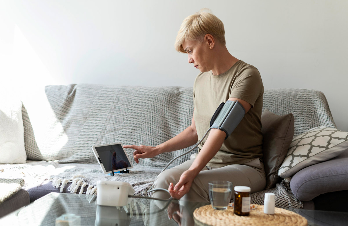 на дивані вдома сидить жінка та намагається поміряти собі тиск