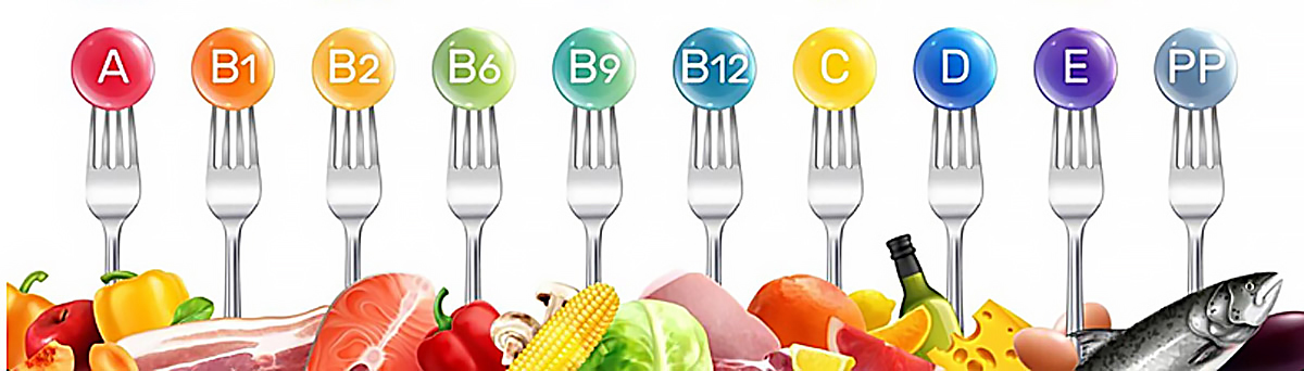 на виделках нанизані різнокольорові кульки із написами різних видів вітамінів