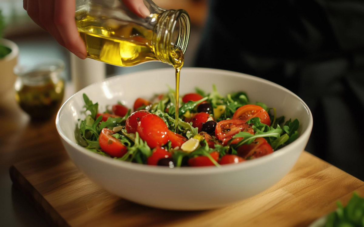 зображений салат із сезонних овочів, приправлений олією