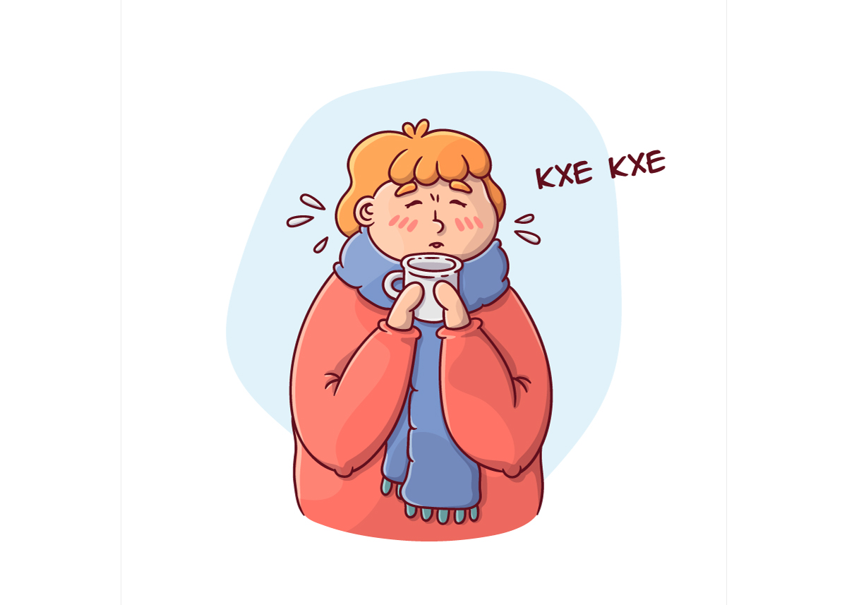 намальована людина з чашечкою чаю та в шарфі, в неї застуда