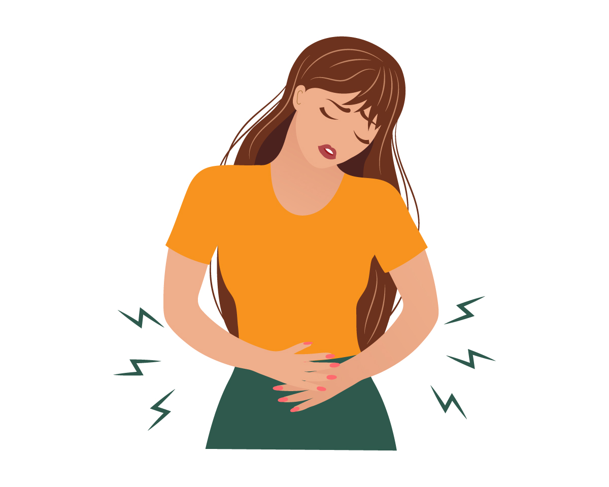 зображення жінки, де показано як вона відчуває біль у животі