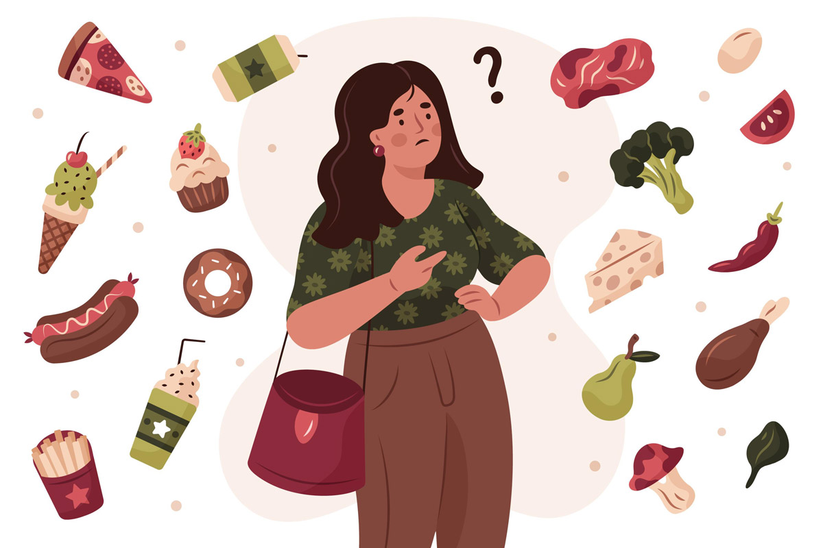 намальована жінка та різні продукти харчування