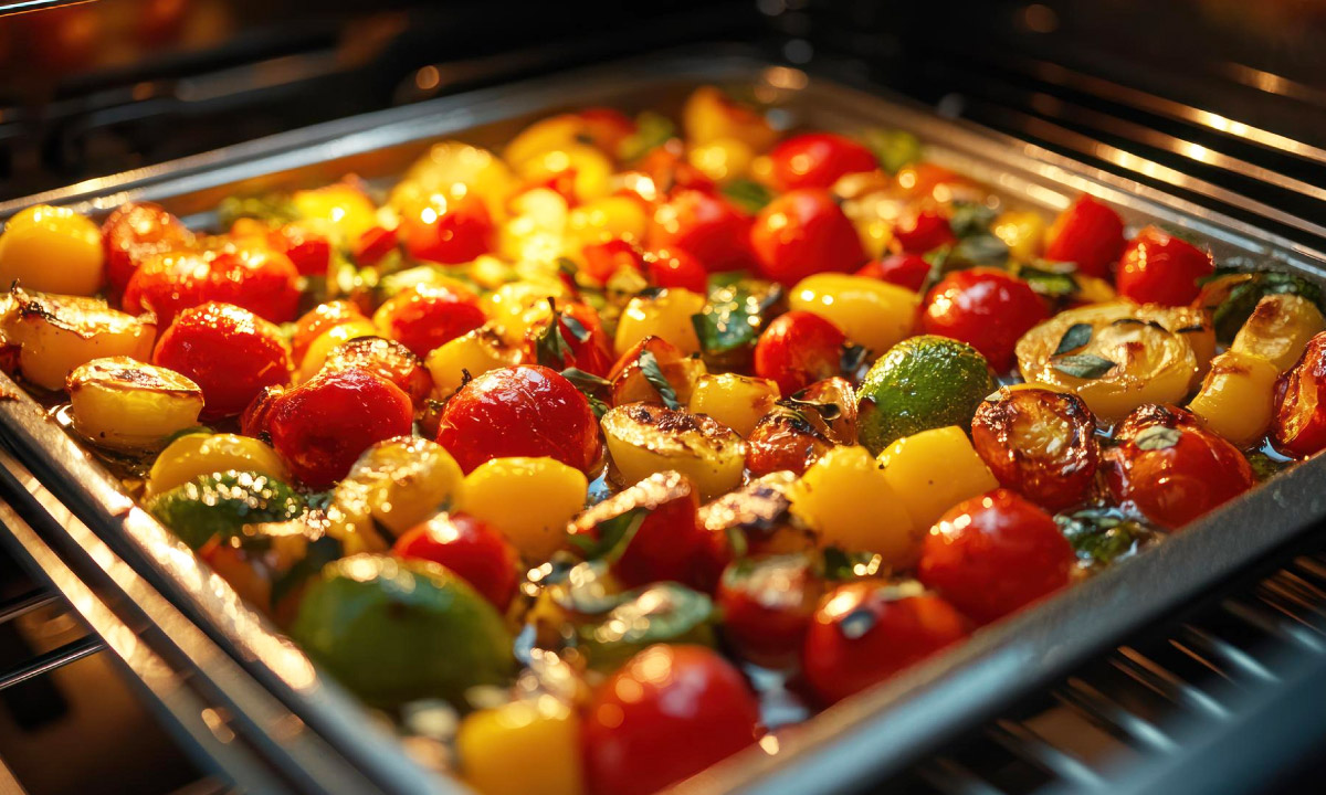 печені томати викладені на деко та розміщені у духовці