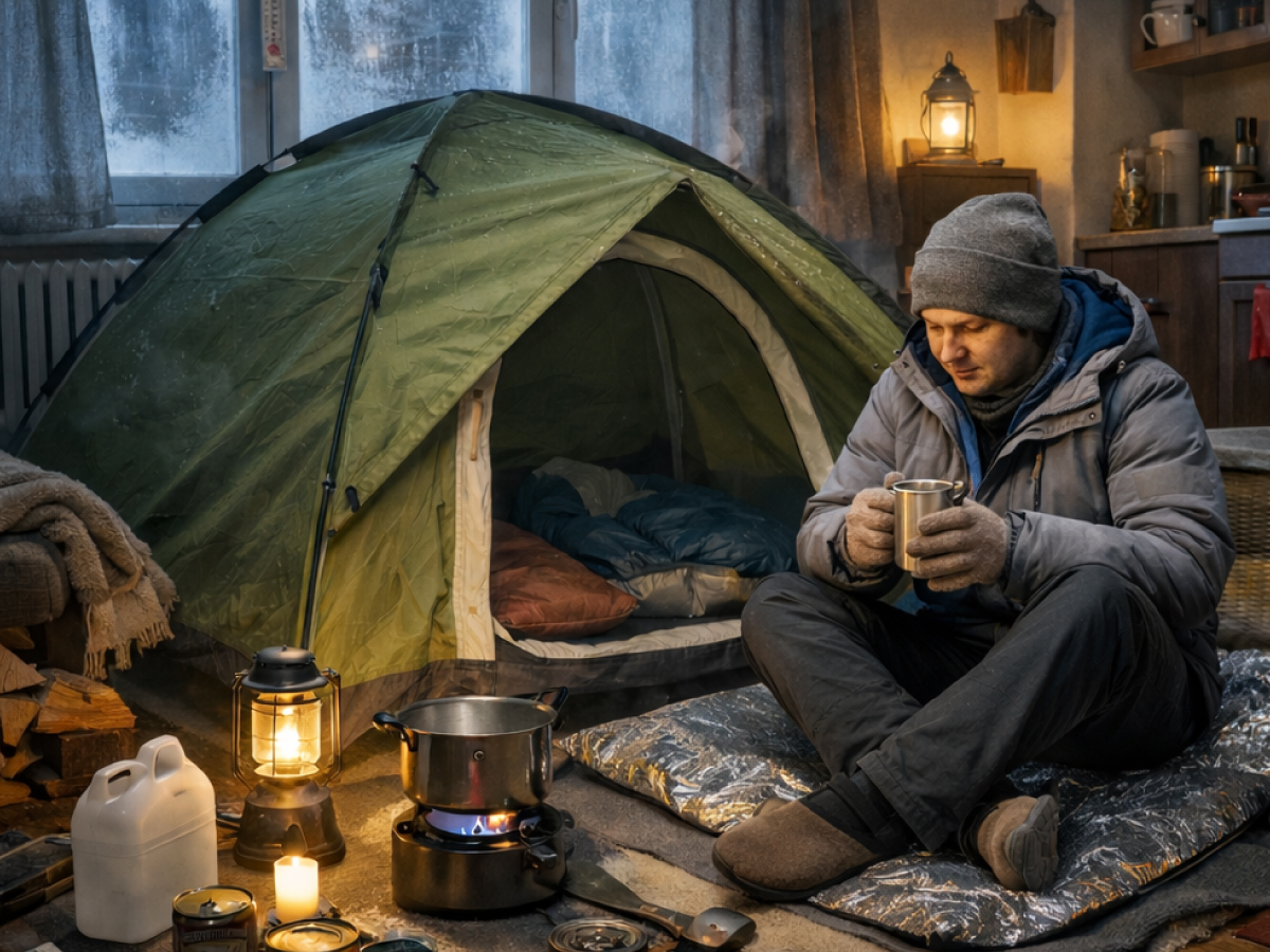 чоловік сидить в себе вдома без опалення та світла, і намагається нагріти приміщення