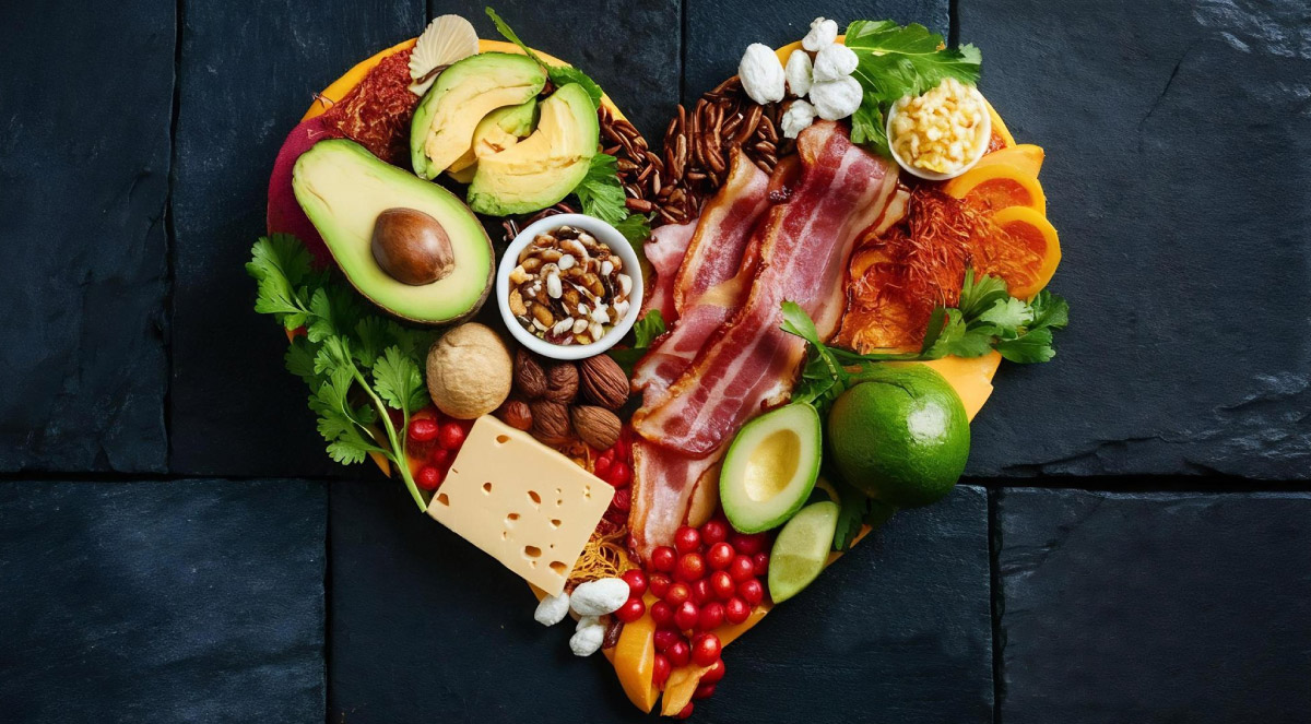 фрукти, ягоди та овочі для кето-дієти викладені у формі серденька
